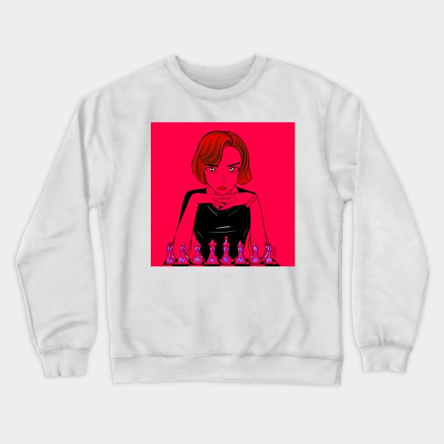 beth harmon the queen in gambit chess player ecopop art Crewneck Sweatshirt by jorge_lebeau